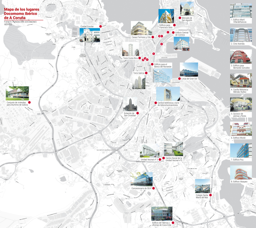 Mapa de los lugares Docomomo Ibérico de A Coruña