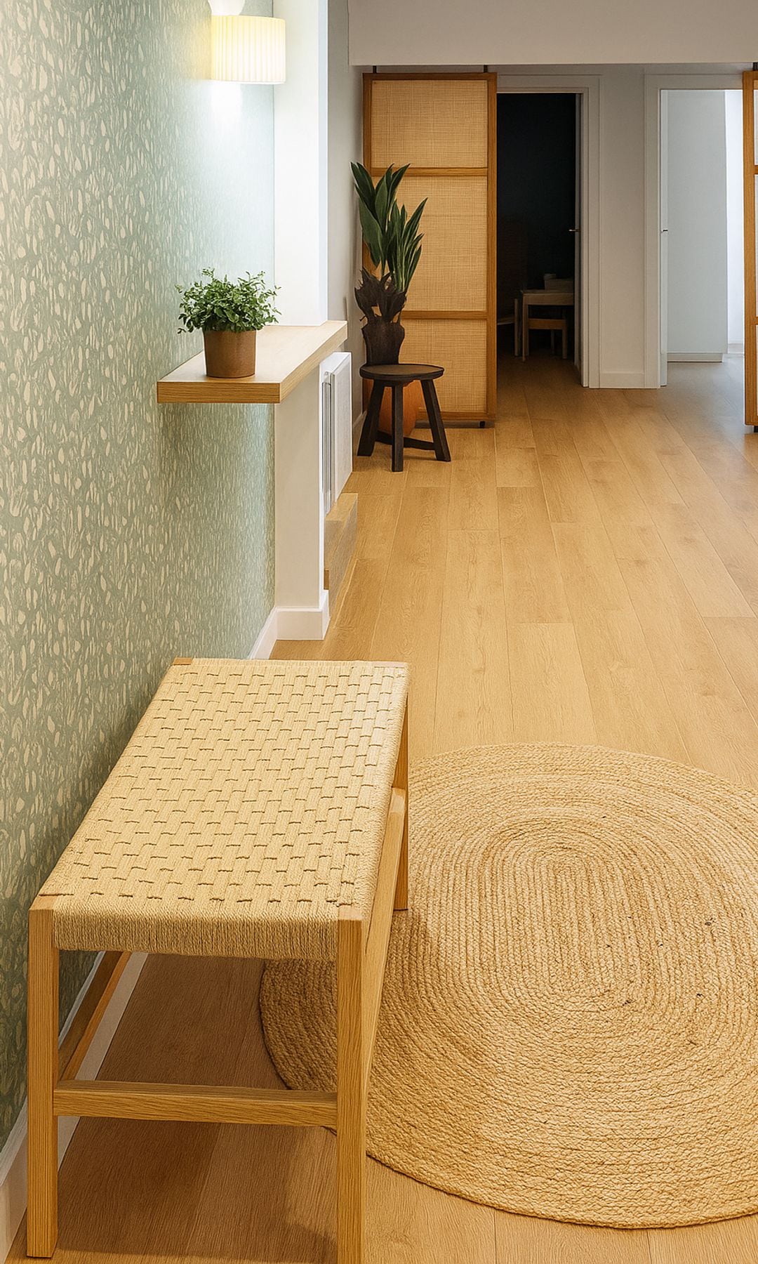 Recibidor con banco de fibras vegetales, alfombra de fibras vegetales, balda a modo consola, planta, aplique de pared