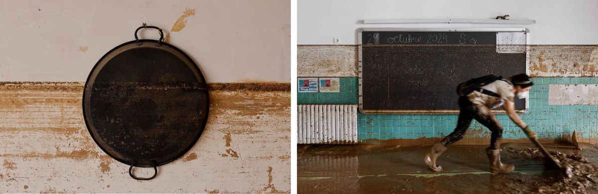 La fotografía de Biel Aliño de una paella marcada por el nivel del lodo. A continuación, el disparo de Ana Escobar en un aula de un colegio, con la fecha del 29 de octubre y la marca del barro. Ambas para EFE.