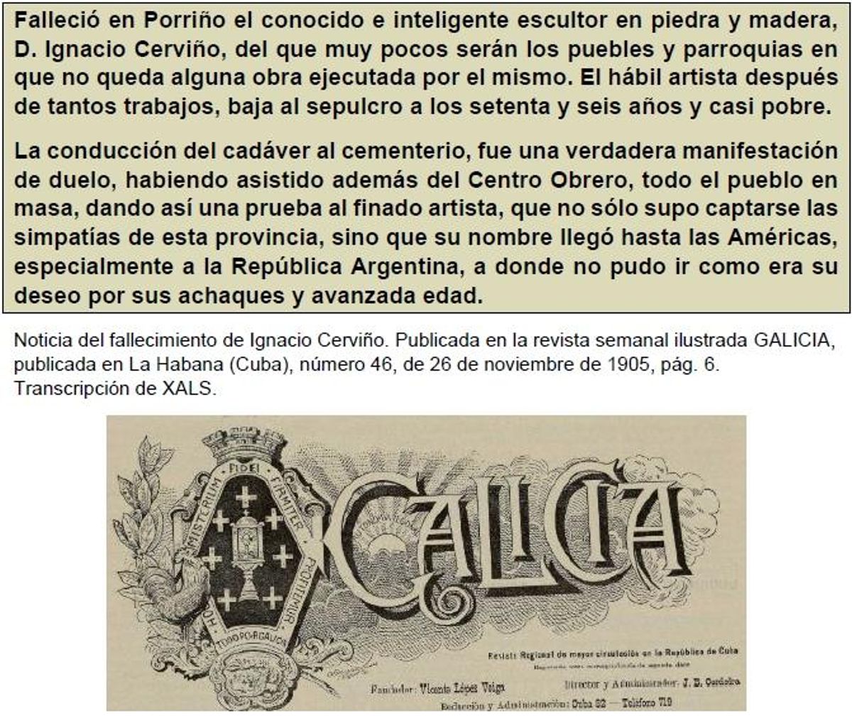 Una noticia sobre la muerte del maestro Ignacio Cerviño, recogida en la revista "Galicia", publicada en La Habana (Cuba).