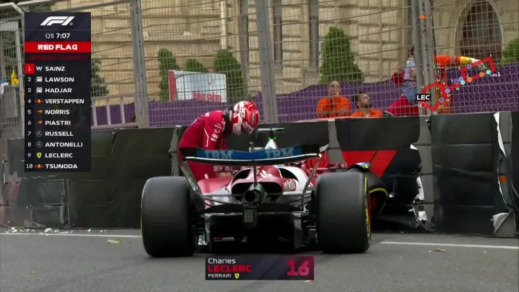 Leclerc no pudo doblar y se pegó contra las protecciones en la Q3. (X/@F1)