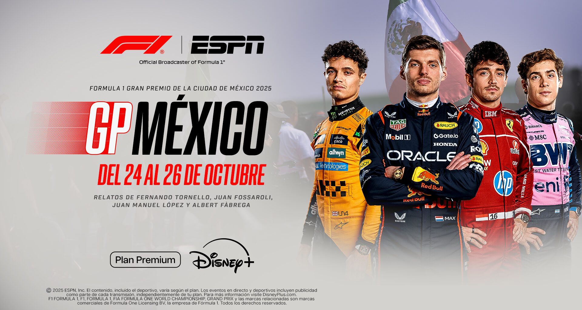 ESPN trae a DISNEY+ la F1 en México, con Piastri, Norris, Verstappen y Russell en la lucha por el título