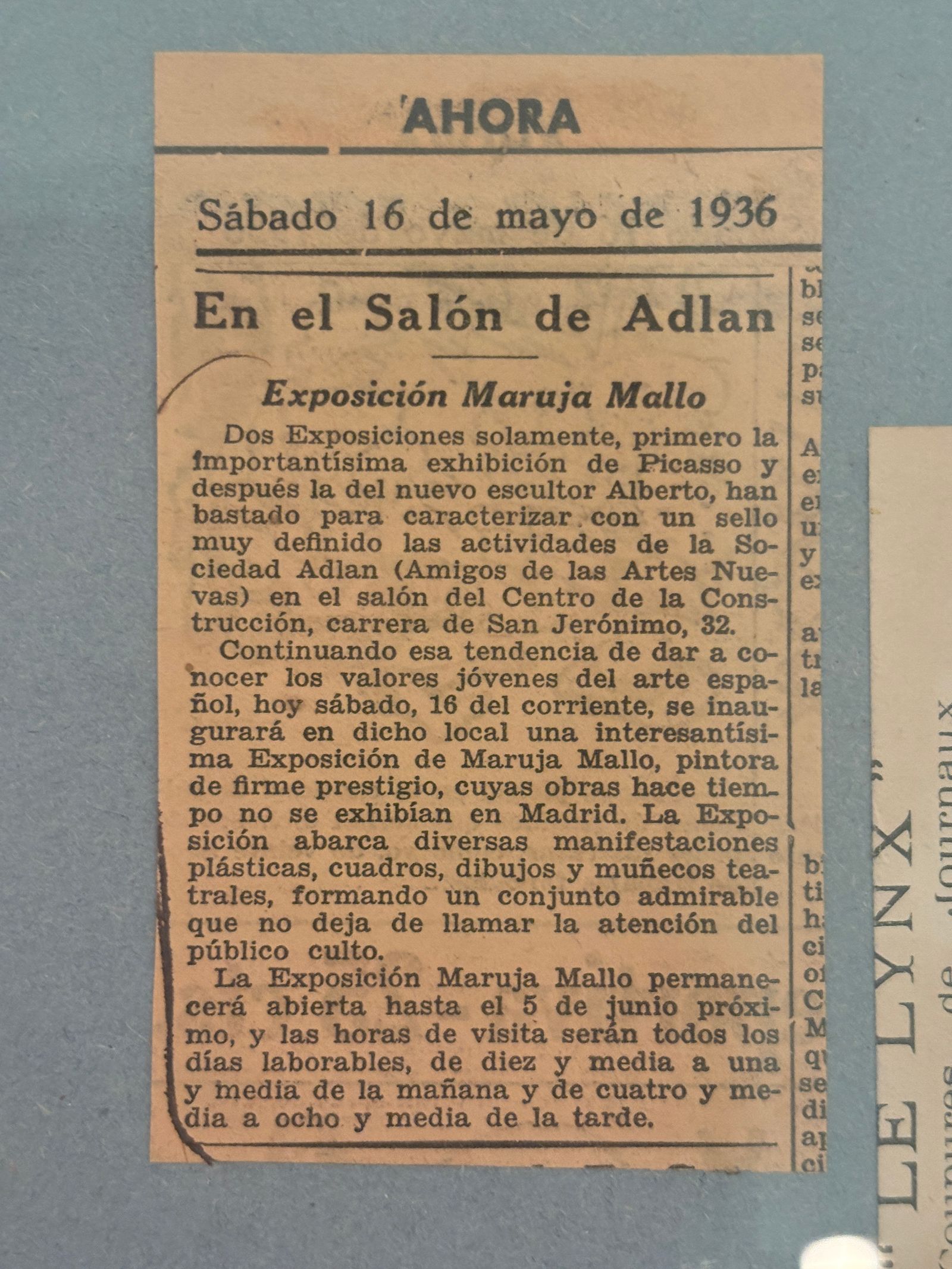 Recorte de periódico en la muestra ‘Maruja Mallo. Mscara y comps.