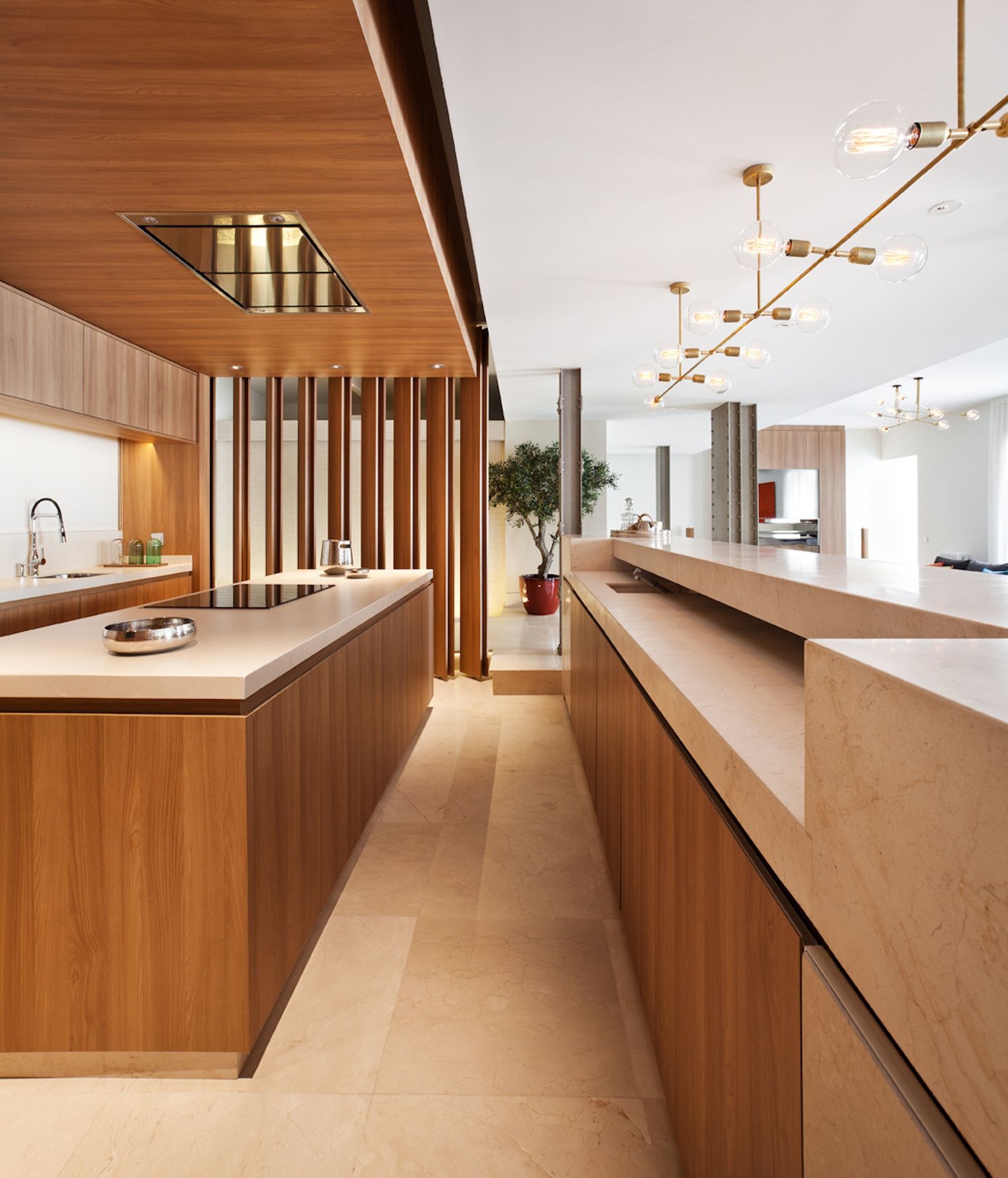 Cocina de madera con encimera de piedra de casa de lujo