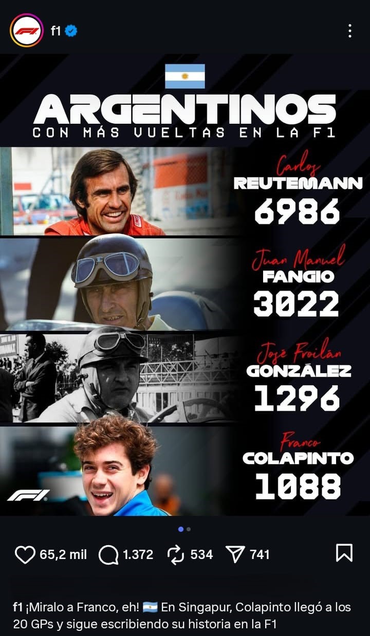 Franco se volvió el cuarto argentino con más vueltas y la Fórmula 1 lo festejó. (Créditos: @F1)
