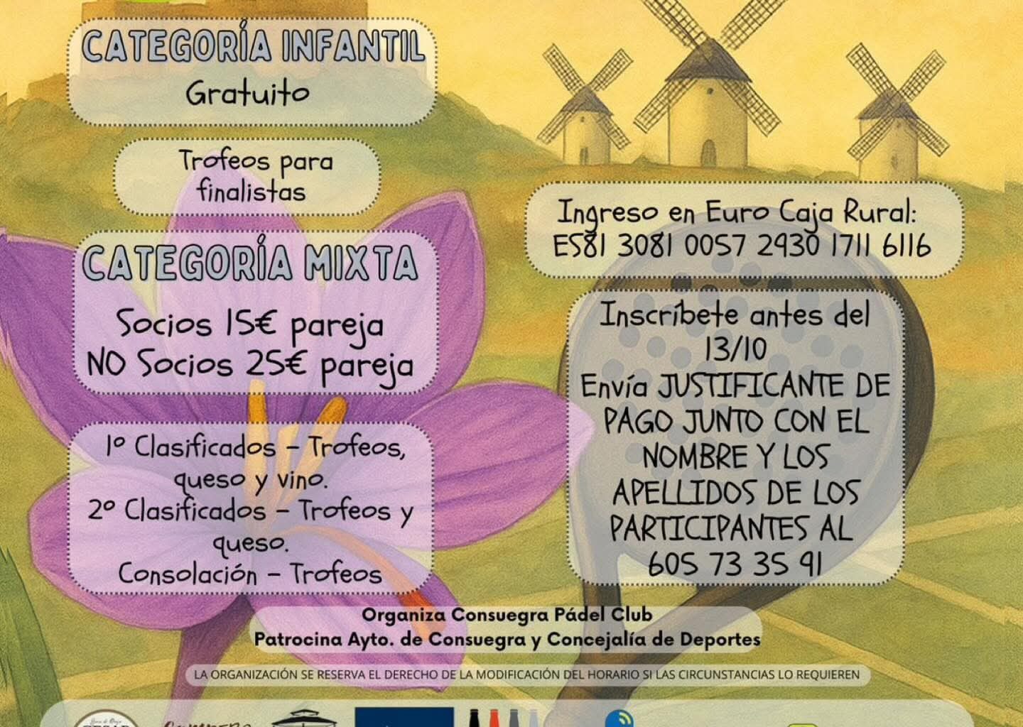Torneo Mixto Pádel Rosa del Azafrán Consuegra 2025 (del 17 al 19 de octubre)