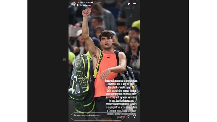 Carlos Alcaraz, baja en el Masters 1.000 de Shanghái por «problemas físicos»