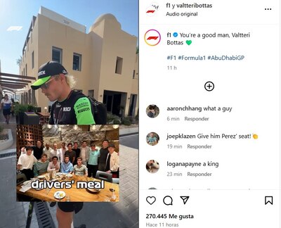 Valtteri Bottas confirmó que él pagó la cena de Abu Dhabi 2024. (Foto: Captura Instagram @f1)