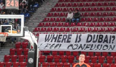 La pancarta con la que Indar Baskonia escenifica su protesta: «¿Dónde está Dubái? Siento confusión»