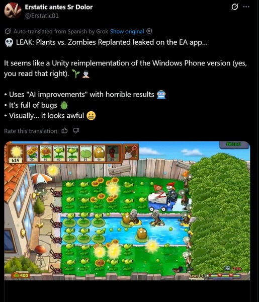 Captura de pantalla de la versión filtrada de Plants vs. Zombies Replanted (Fuente de la imagen: captura de pantalla, cuenta Erstatic antes Sr Dolor X)