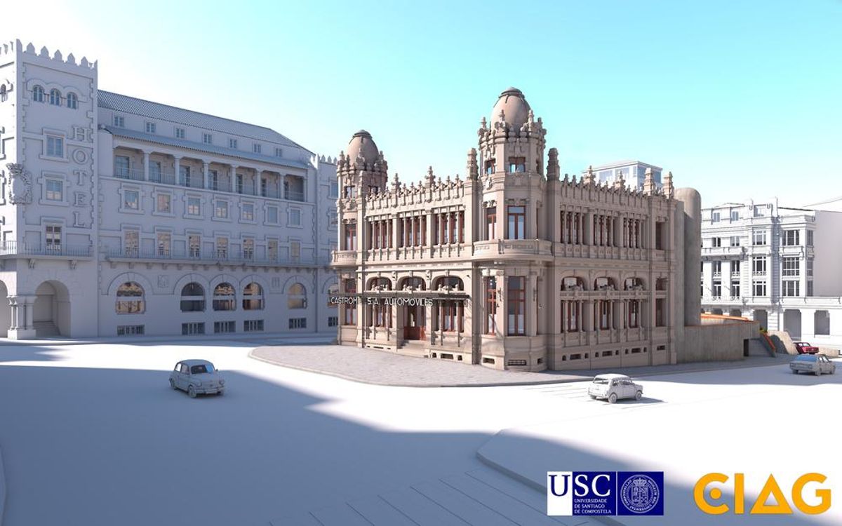 Imagen en 3D del derrumbado edifico Castromil, ubicado en la actual Praza de Galicia de Santiago.