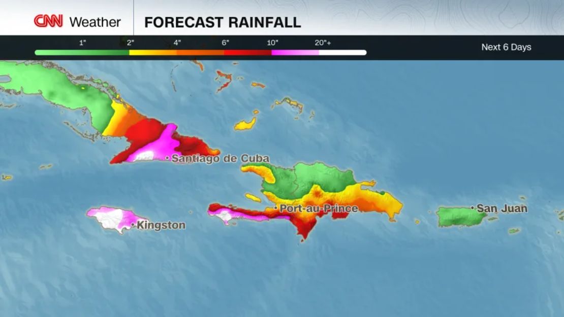 Modelo del pronóstico de lluvias que podría generar Melissa.