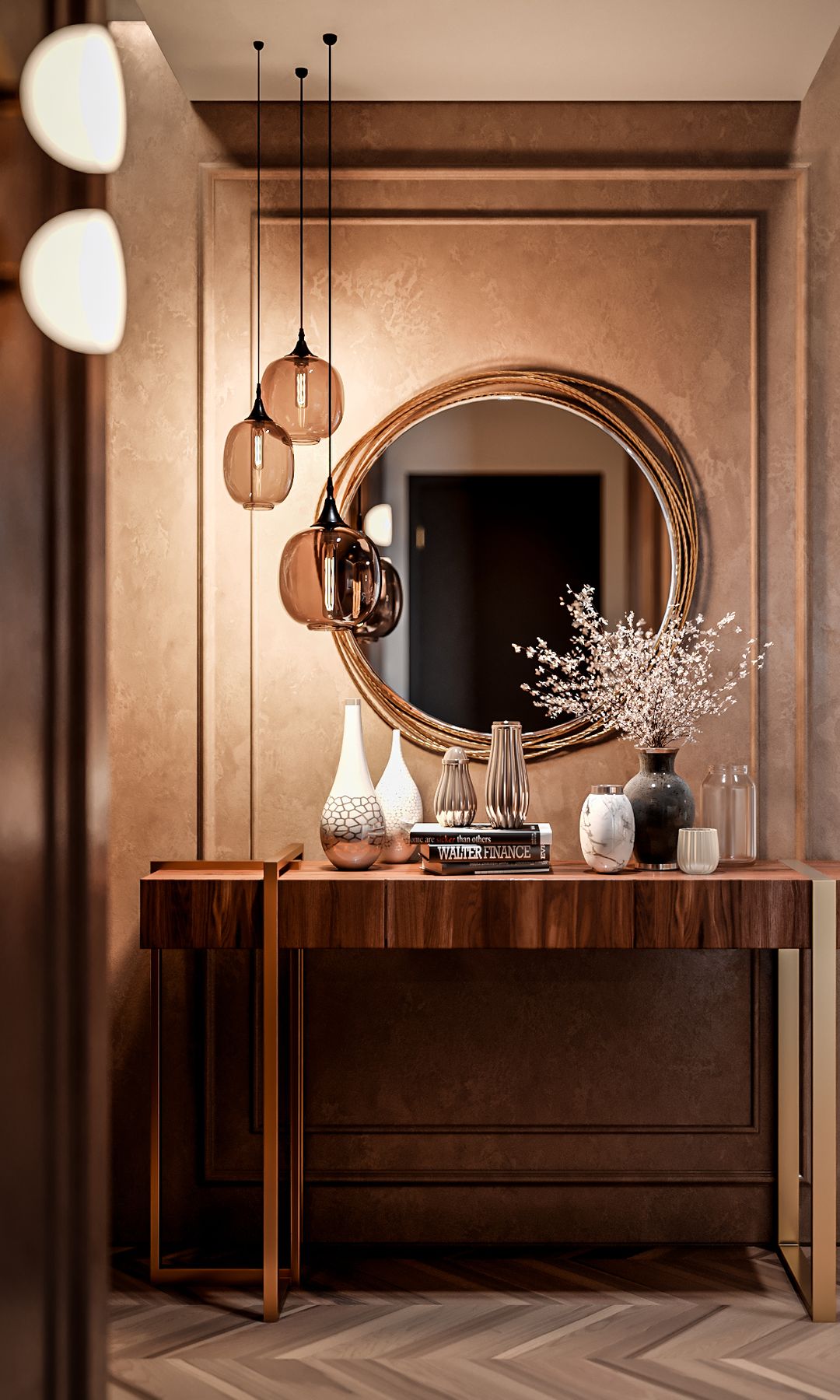 Recibidor con espejo redondo, lámparas de techo, consola, apliques de pared, espejo redondo, jarrones
