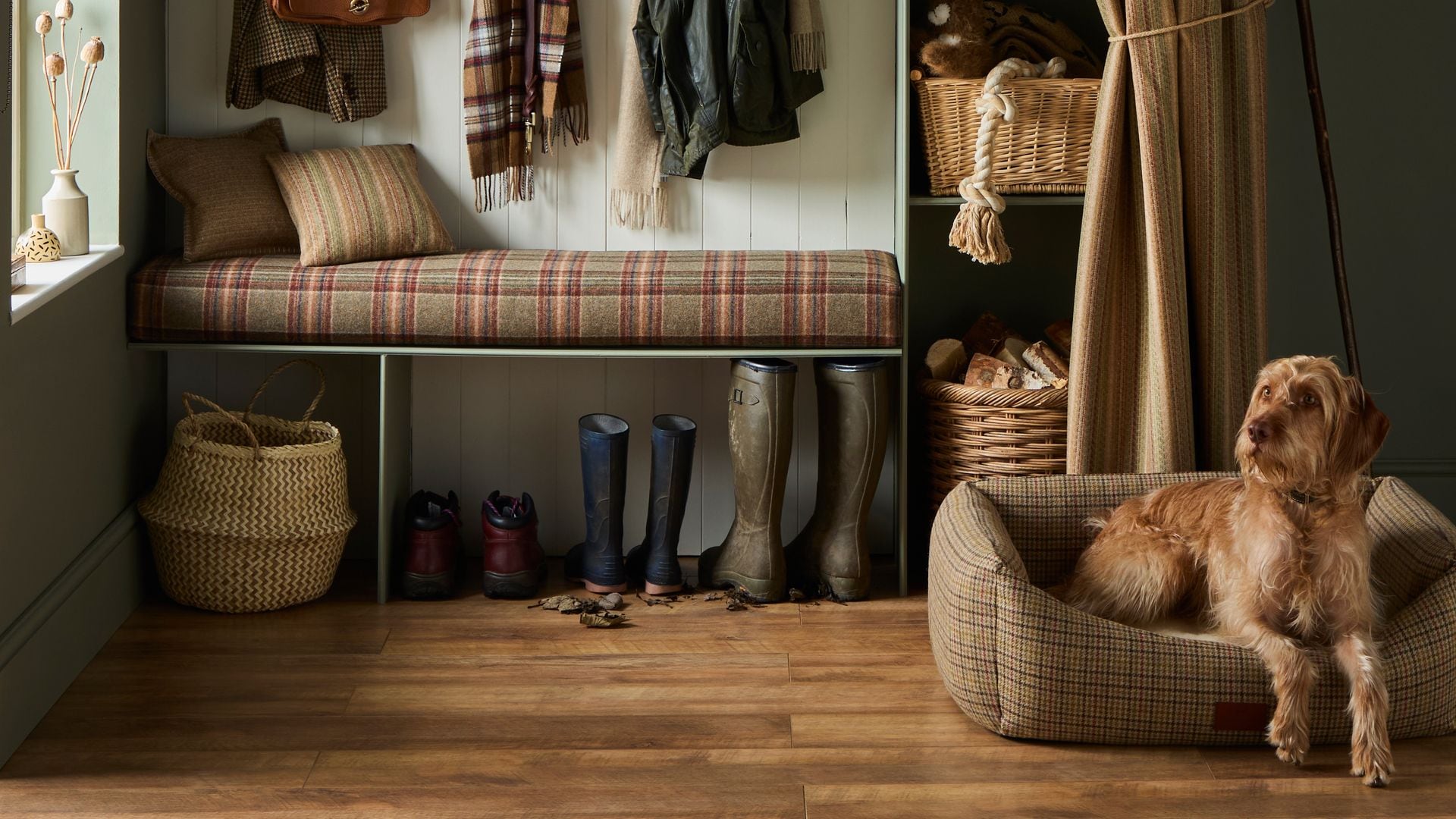 Recibidor con perro en una cama de cuadros, estructura con banco, perchero y estantería con cestos, botas de agua en el suelo, cesto en el suelo