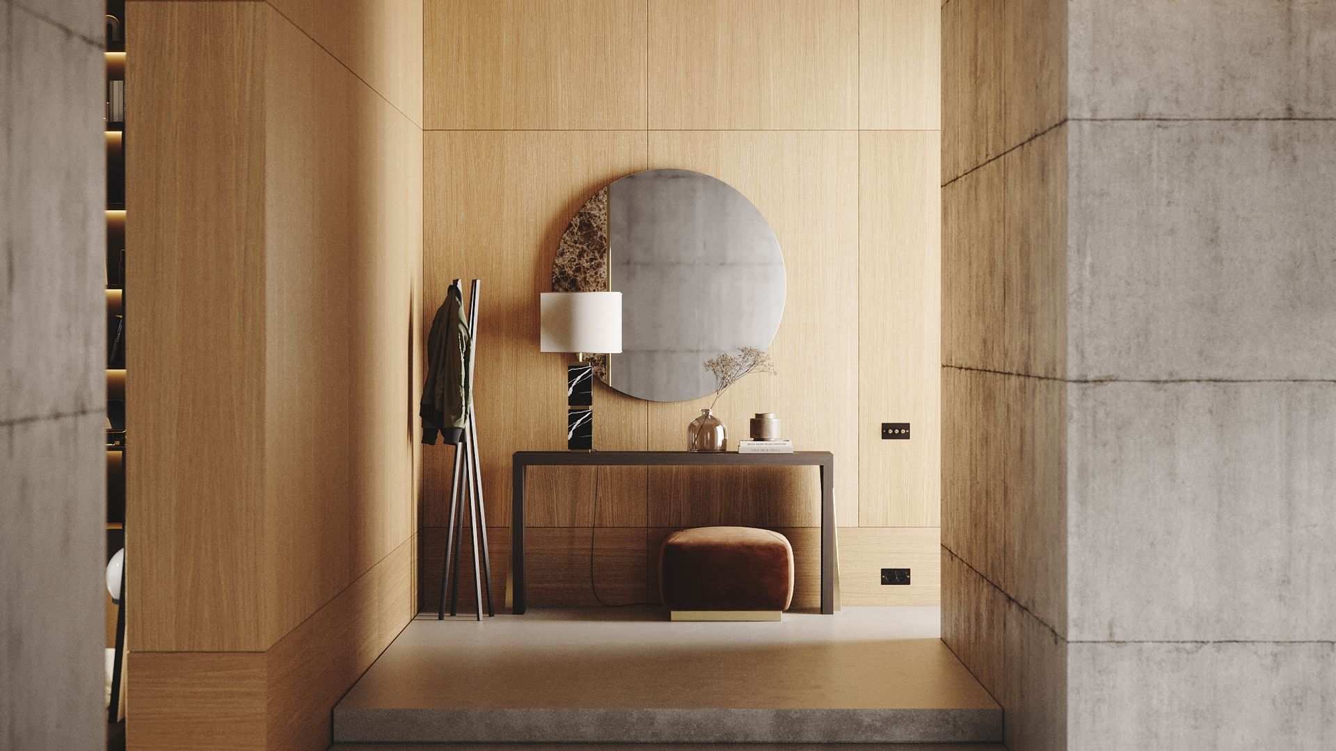 Recibidor con tres escalones, espejo redondo, perchero de pie, consola, puff, lámpara de sobremesa 