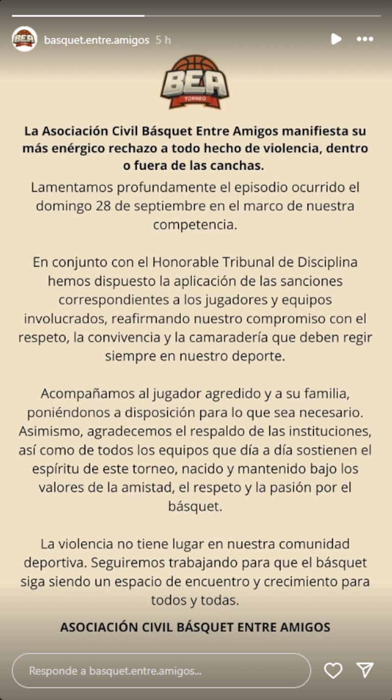 El comunicado de la organización del torneo tras la salvaje agresión (Foto: IG/@basquet.entre.amigos)