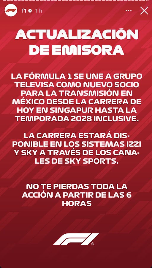 Fórmula 1 ya no será transmitida por Fox Sports