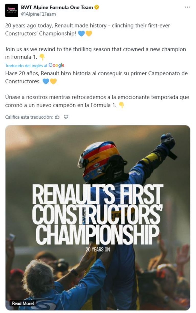 La escudería francesa recordó el título de Constructores que logró con Renault hace 20 años. (Foto: Twitter)
