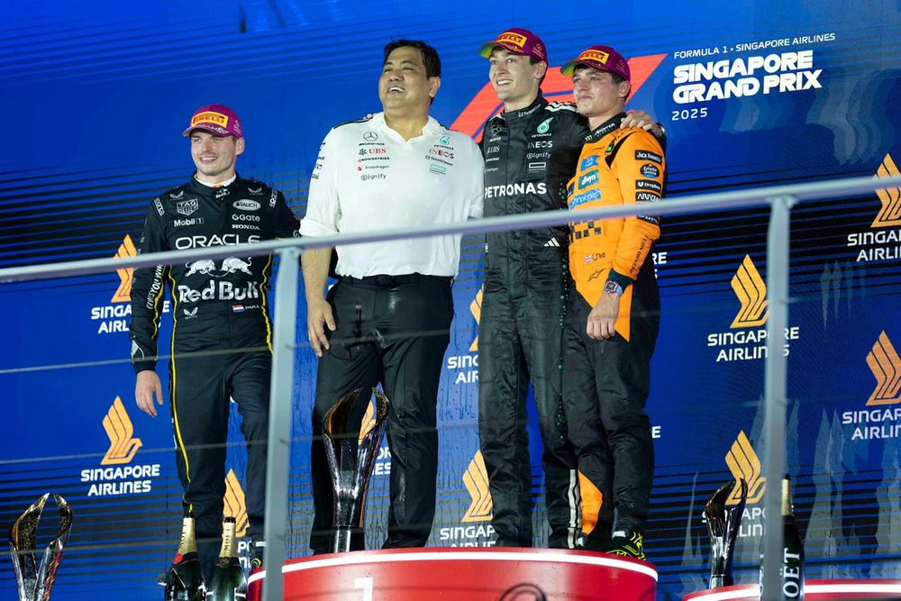 Lando Norris, McLaren, Max Verstappen, Red Bull Racing, George Russell, Mercedes