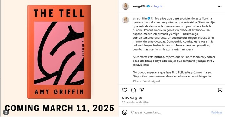 El libro era The Tell (Lo que delata), un texto autobiográfico de Amy Griffin, autora debutante y una de las mujeres más ricas del país. Foto: redes sociales.
