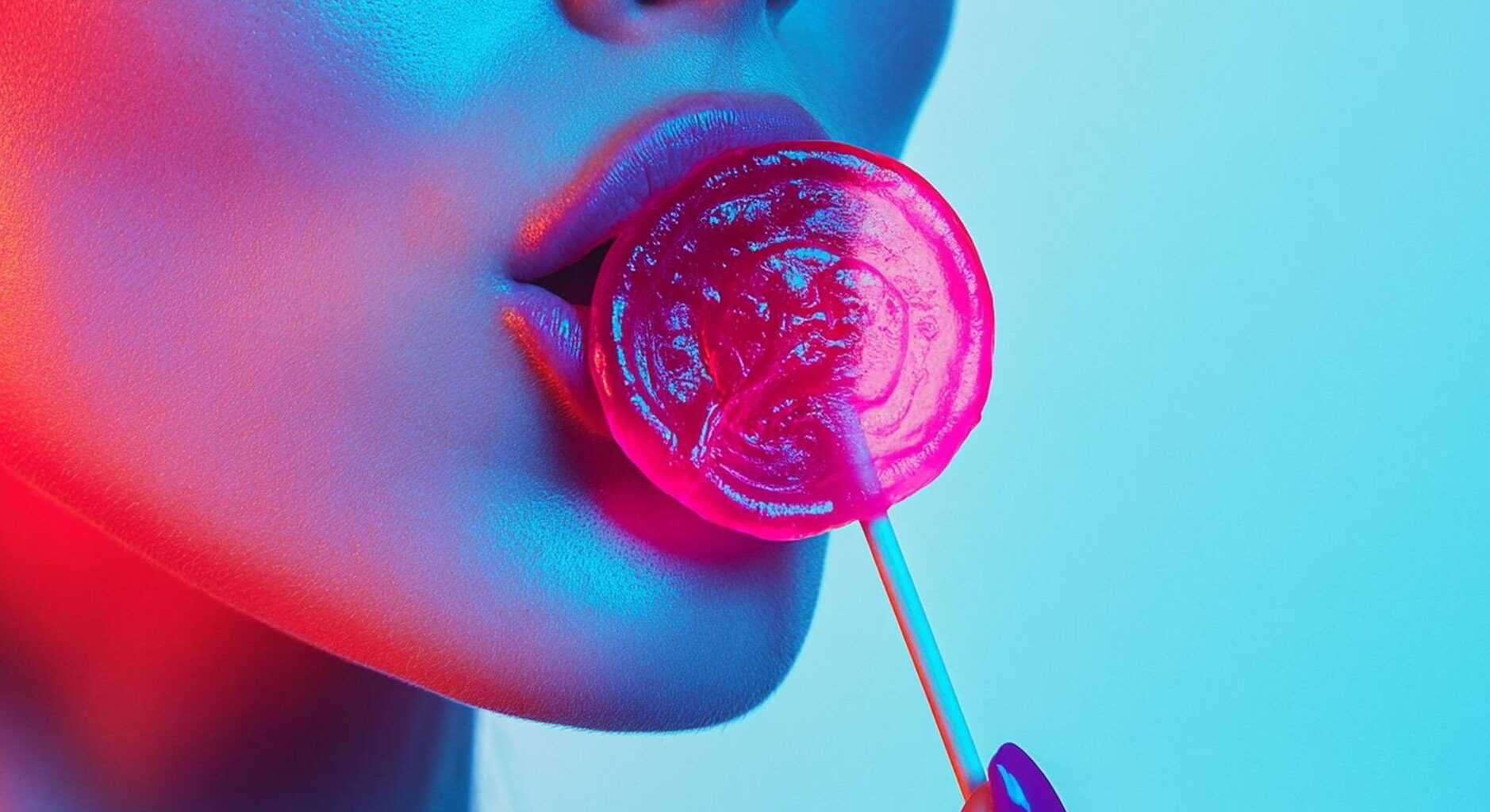 Primer plano de los labios de una mujer chupando piruleta