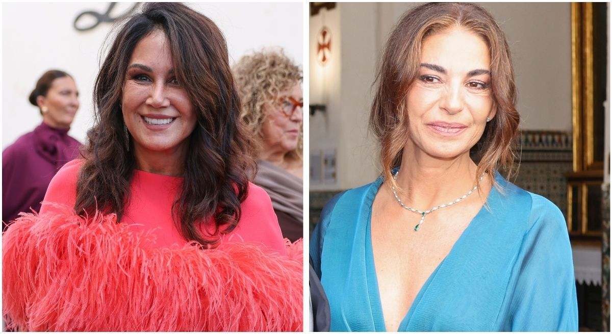 Mariló Montero ejerce de madrina feliz con un diseño turquesa frente al coral de plumas de Pepa Gea en la boda de Alberto Herrera y Blanca Llandrés