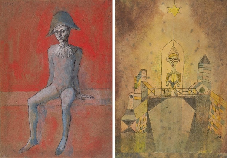 A la izquierda, 'Arlequín sentado', 1905, de Picasso. A la derecha, 'Arlequín en el puente', 1920, de Klee