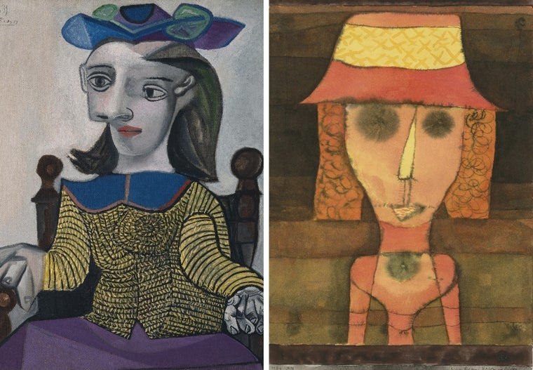 A la izquierda, 'El jersey amarillo', 1939, de Picasso. A la derecha, 'La señora R, viajando por el sur', 1924, de Klee
