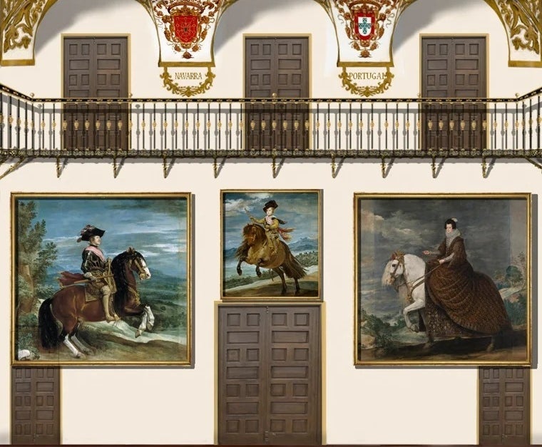 Recreaciones del testero de entrada (sureste) del Salón de Reinos después de la ampliación de los retratos de los reyes