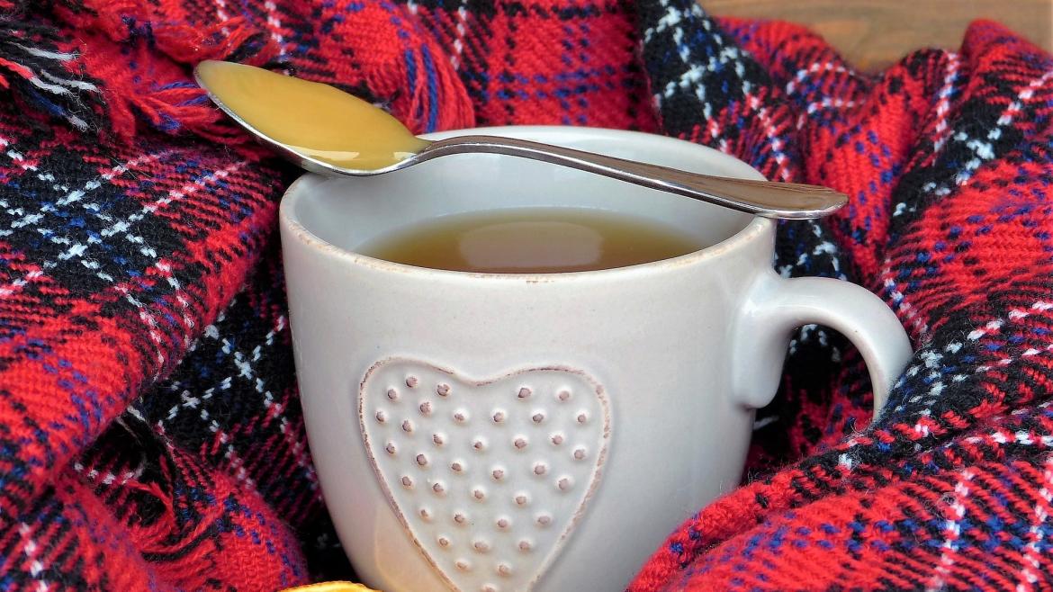Taza de infusión y rodajas de naranja sobre una manta