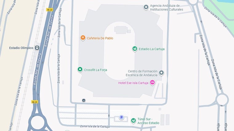En el mapa, en la parte baja, el acceso sur del estadio de la Cartuja; que junto al lado oeste serán intervenidos inicialmente en 2026
