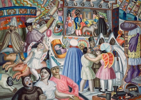 Imagen secundaria 1 - Arriba, 'La verbena', del Museo Reina Sofía. Sobre estas líneas, a la izquierda, 'Kermesse, del Centro Pompidou de París. A la derecha, 'El Mago / Pim Pam Pum', del Art Institute de Chicago. Detalle