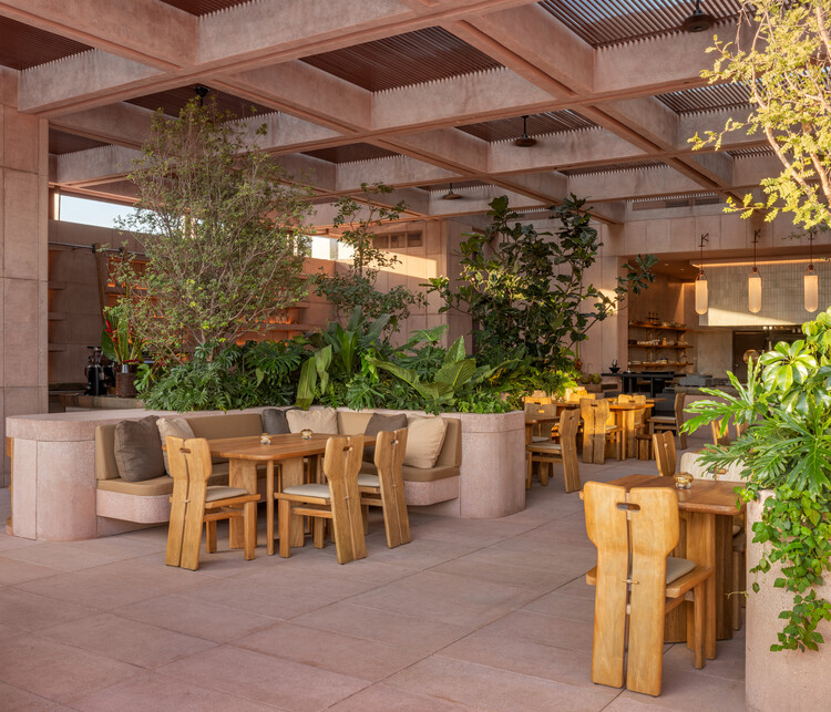 Restaurante Rubra / Ignacio Urquiza + apda Ana Paula de Alba - Fotografía interior, Comedor, Madera, Sillas, Patio, Patio interior