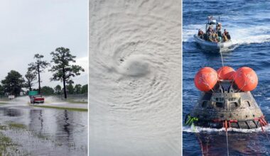 Mosaico de tres imágenes que muestran inundaciones, un huracán, y una cápsula espacial tras su amerizaje.