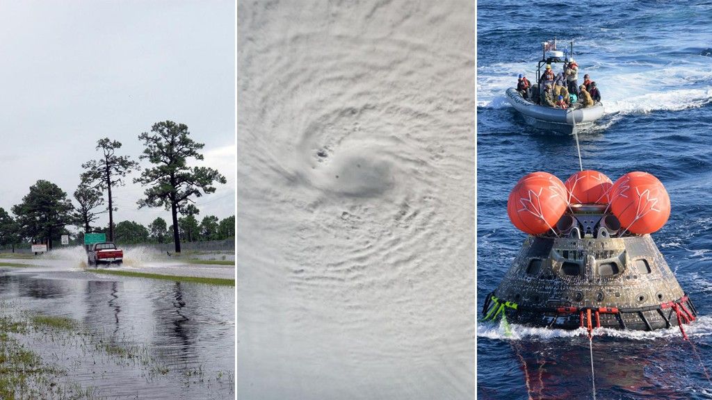 Mosaico de tres imágenes que muestran inundaciones, un huracán, y una cápsula espacial tras su amerizaje.