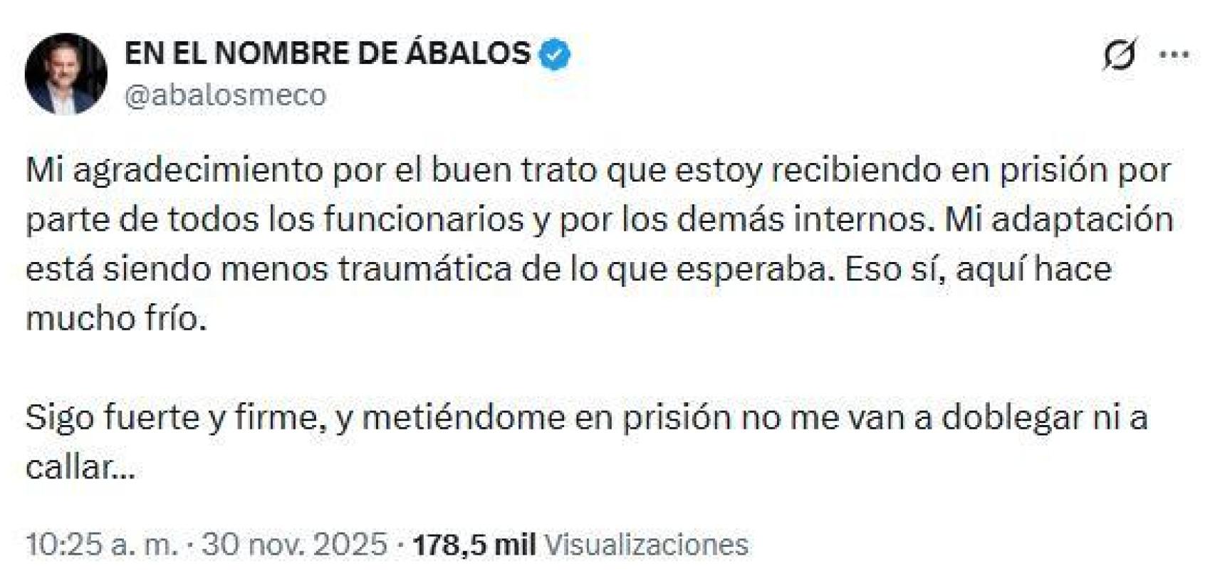 El mensaje publicado e4ste domingo por Ábalos en la red social X.