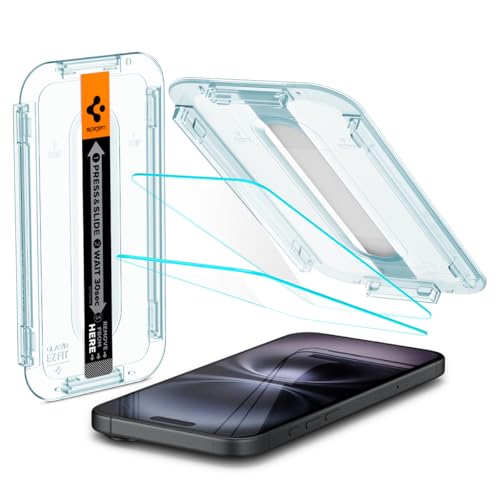 Spigen Glas.tR EZ Fit Protector Pantalla para iPhone 16, iPhone 15, 2 Unidades, Instalación Fácil, Alta Definicion, Dureza 9H