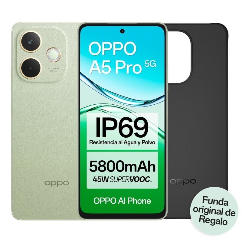 OPPO A5 Pro 5G Smartphone con IA 6.67" 120Hz 8GB/256GB 50MP IP69 5800mAh 45W Funda Incluida Verde