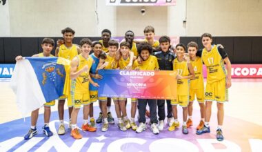 Los jugadores del Tirma Gran Canaria exhiben su billete para la Minicopa, ayer en Valencia.