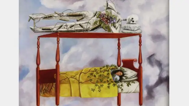 El cuadro de Frida Kahlo representa a la artista dormida en una cama de madera flotante bajo un esqueleto envuelto en dinamita que yace sobre el dosel superior.