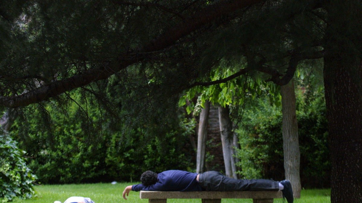 Jóvenes durmiendo en un parque de León.