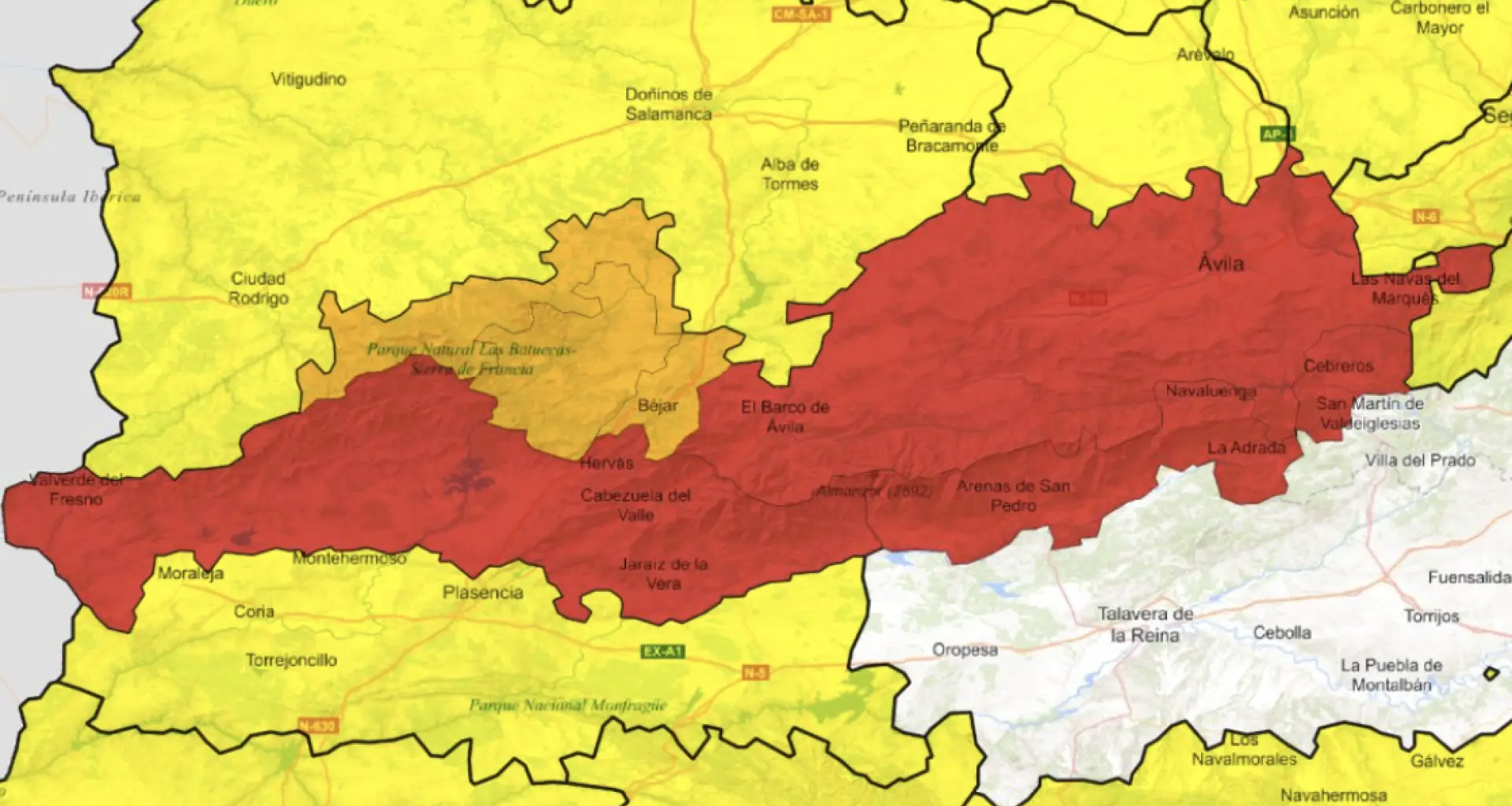 Alerta roja en Ávila, Cáceres y el Sistema Central por lluvia extrema y riesgo de inundaciones por la borrasca Claudia