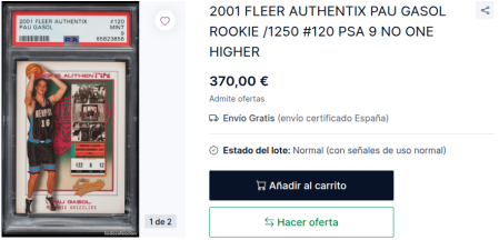 La tarjeta del debut de Pau Gasol con los Memphis Grizzlies alcanza los 370 euros: el recuerdo de sus primeros pasos en la NBA