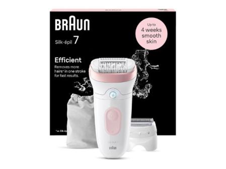 Braun Silk-épil 7, Depiladora Eléctrica Mujer Para Una Eliminación Del Vello Fácil, Depilación En Seco Y En Mojado, Con Cabezal De Rasuradora, Piel Suave Duradera, 7-030, Blanco/Flamenco