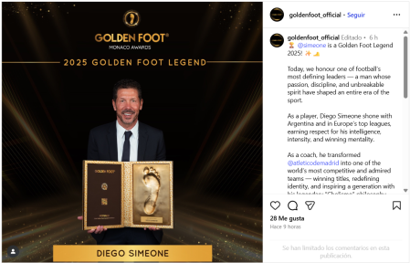 La publicación de Instagram en la que se ha anunciado el Golden Foot a Simeone.