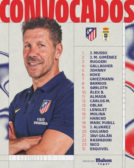 Convocatoria del Atlético de Madrid ante el Real Oviedo.