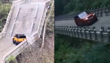 Este coche chino quiso superar el reto del Range Rover subiendo las escaleras de una montaña, pero el resultado no fue el que esperaba