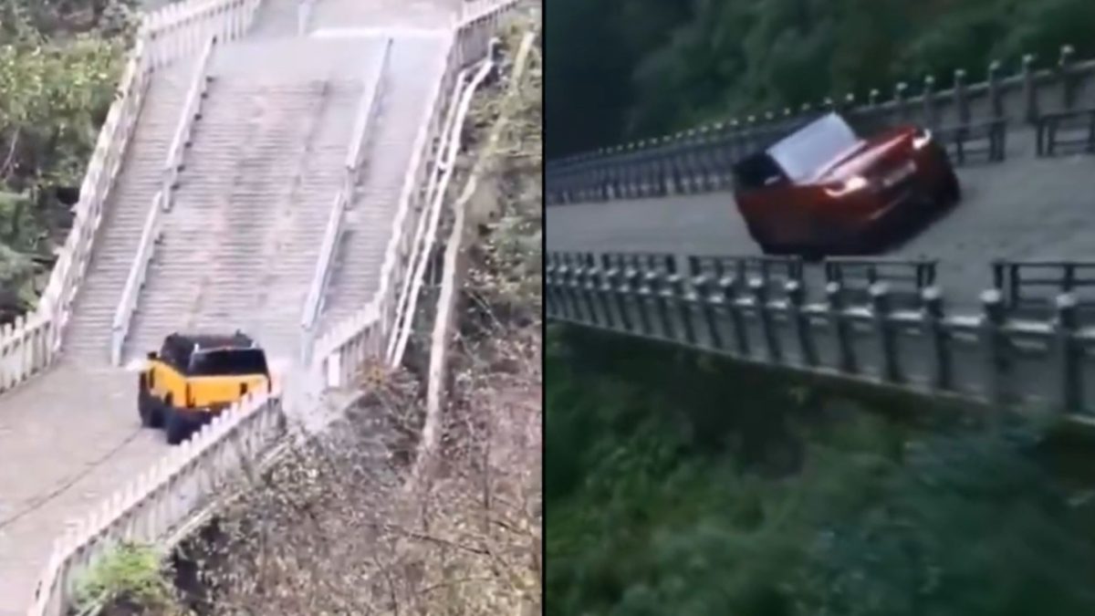 Este coche chino quiso superar el reto del Range Rover subiendo las escaleras de una montaña, pero el resultado no fue el que esperaba