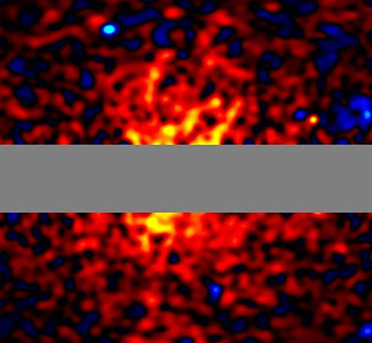 Mapa de intensidad de rayos gamma que abarca aproximadamente 100 grados en dirección al centro galáctico. La barra gris horizontal corresponde al área del plano galáctico, que fue excluida del análisis para evitar una radiación astrofísica fuerte que afectara a los resultados
