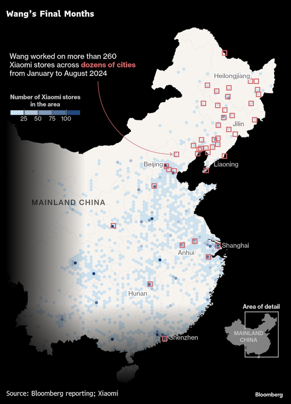 Wang trabajó en más de 260 tiendas en docenas de ciudades, de enero a agosto de 2024.